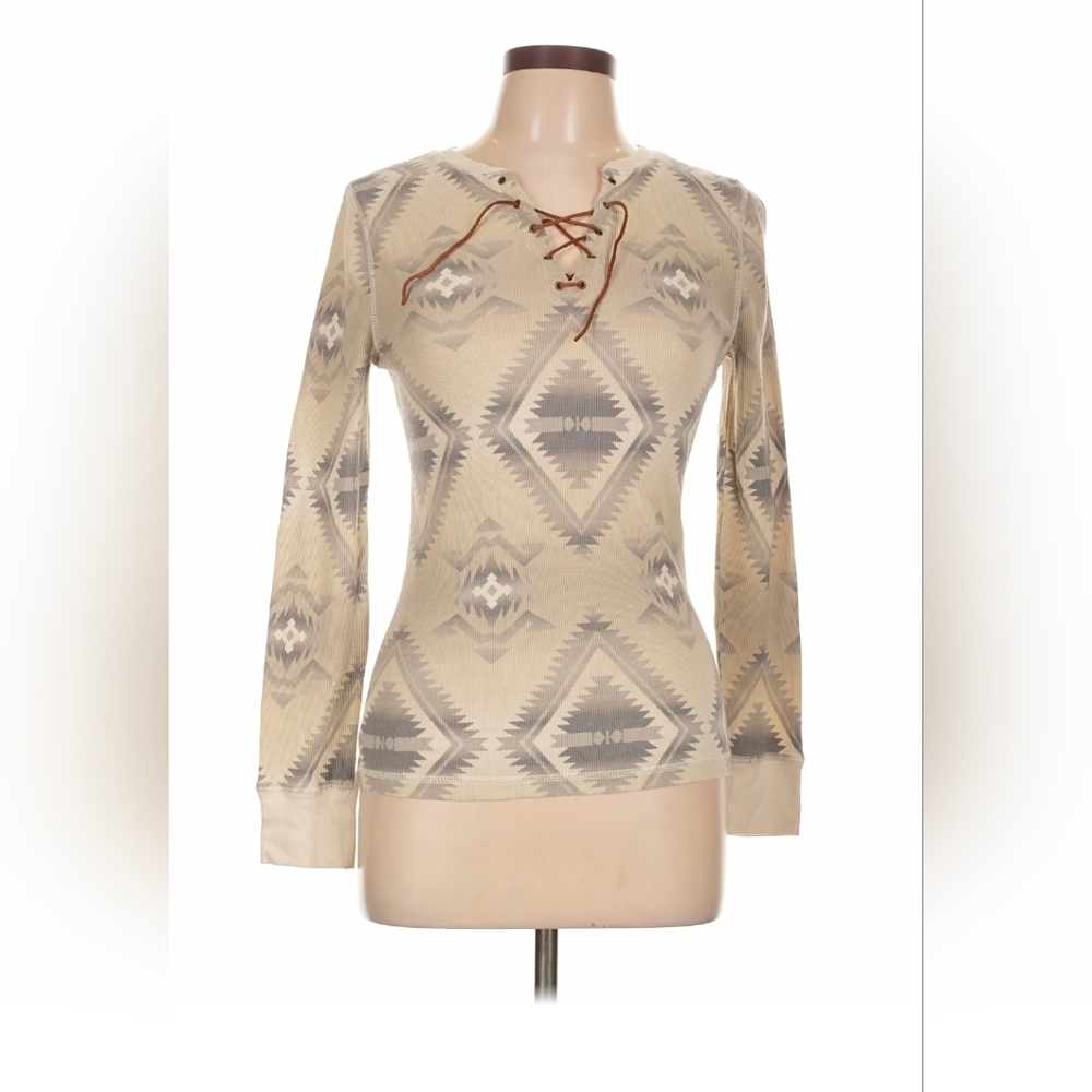 Vintage Ralph Lauren Leather Lace Up Thermal Waffle Top Women L Monochrome Aztec